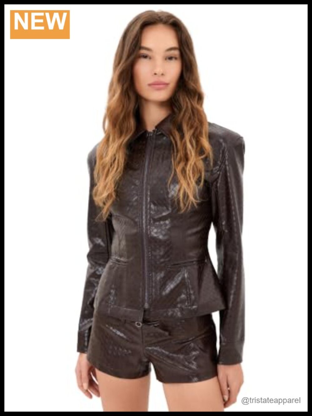 Women's Faux Leather Moto Jacket Padded Shoulders Zip Front